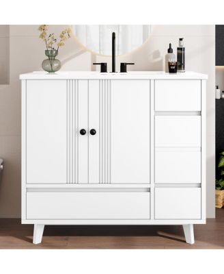 36" Bathroom Vanity with Sink, Solid Wood Cabinet, 4 Drawers and Side Storage for Small Bathrooms