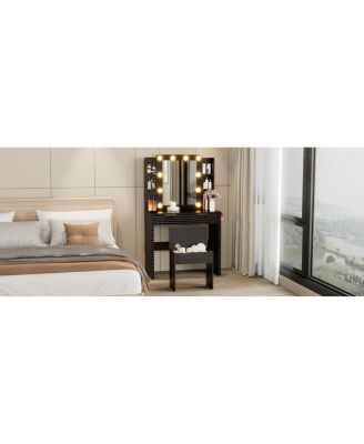 Makeup Vanity Desk with Hollywood Bulbs, Charging Station & Stool