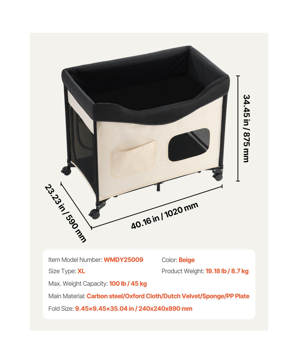 Aostirmotor Portable Elevated Pet Bed with Storage Bag & Wheels, Foldable Cot for Dogs & Cats