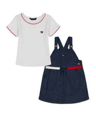 Girls' 2T-6X Short-Sleeve Pointelle T-Shirt and Denim Skirtall, 2-Piece Set