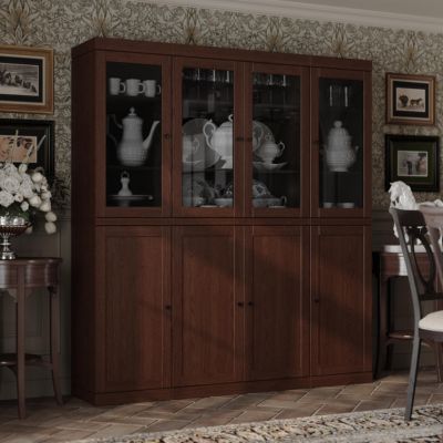 100% Solid European Oak Tall China Display Cabinet with Shaker and Tinted Glass Doors, Modular Design