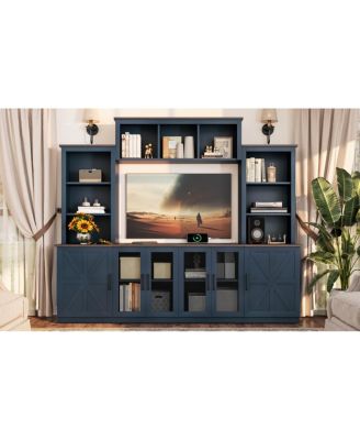 Wall Unit Entertainment Center with Charging Station & USB, Blue