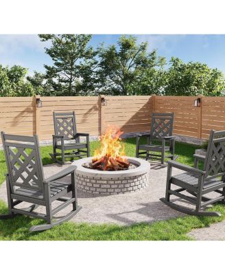 Outdoor Rocking Chair Set of 4, HDPE Weather Resistant Patio Rocking Chair Porch Rocker with Wood Texture & 380 LBS Support for Deck, Pool