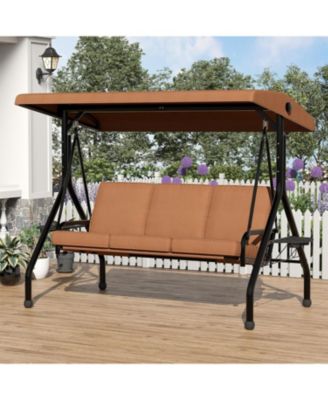 3 Seat Outdoor Porch Swing, 2-in-1 Patio Swing Chair with Thickened Removable Cushions, Adjustable Canopy   Cup Holders
