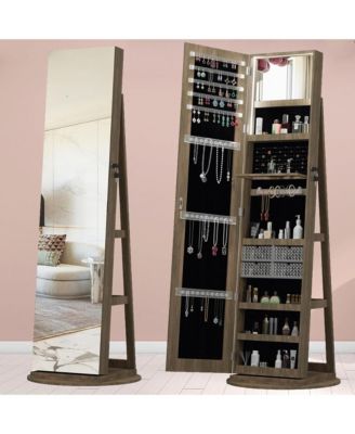 360°Swivel Jewelry Cabinet, Standing Jewelry Armoire Organizer, Lockable Storage Cabinet with Full Length Mirror, Display Shelves