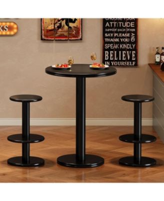 39.4" H Round Bar Table and Chairs Set, Modern Black Bistro Pub Table with 2 Barstools, Wooden Counter Height Cocktail Table