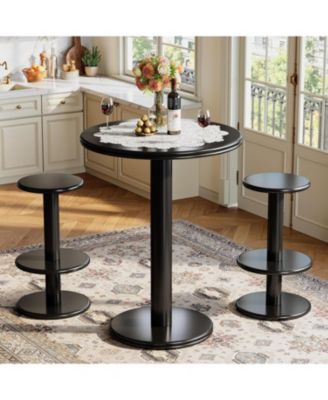 39.4" H Round Bar Table and Chairs Set, Modern Black Bistro Pub Table with 2 Barstools, Wooden Counter Height Cocktail Table