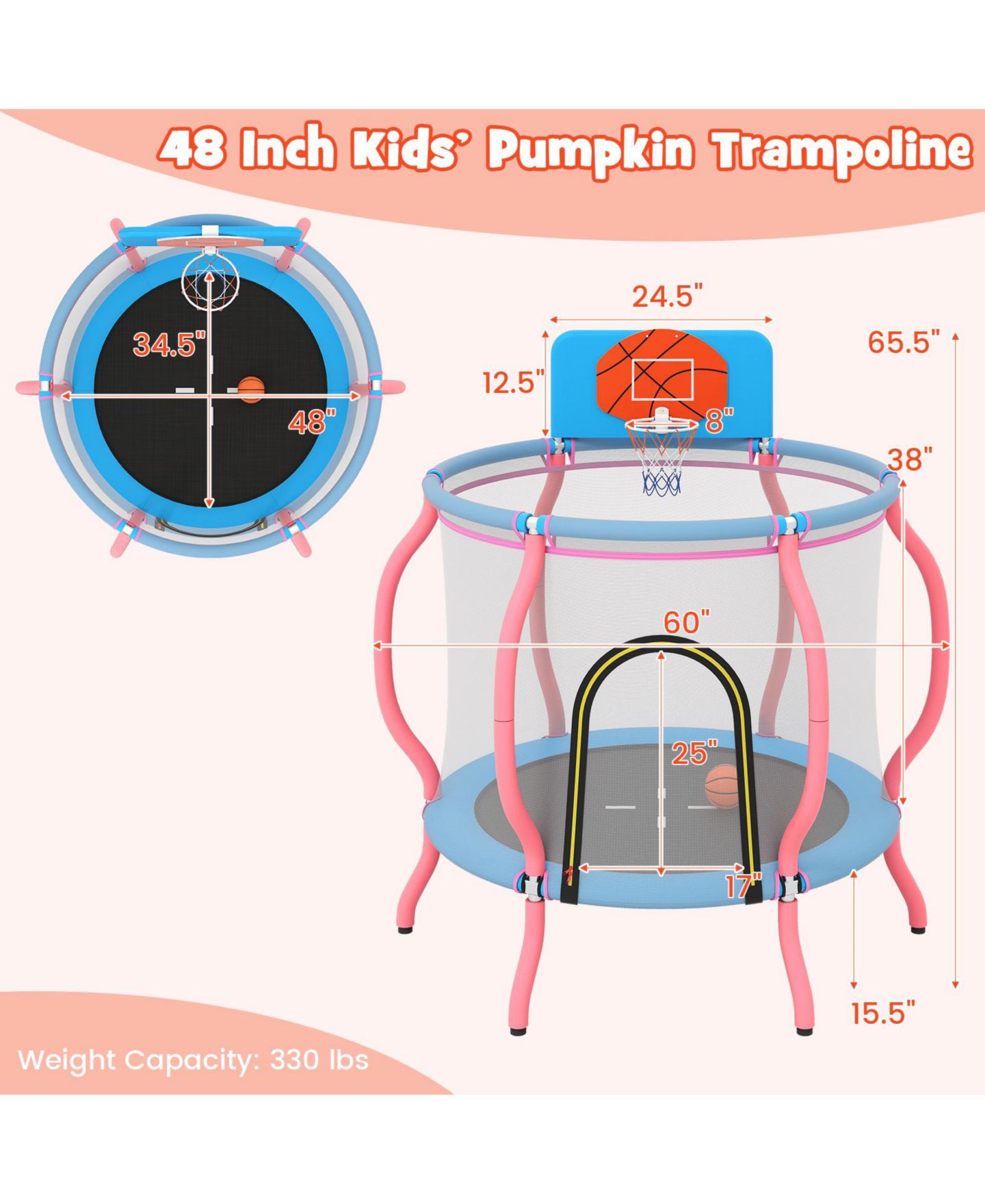 Батут Slickblue в форме тыквы с баскетбольным кольцом, 48", от 3 лет, цвет: Розовый / Синий — фото 3