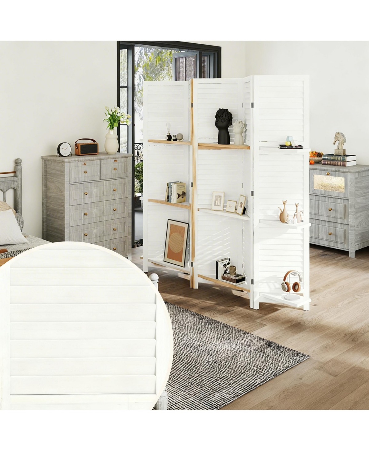 Yigii Wood Room Divider with Shelves and Folding Design