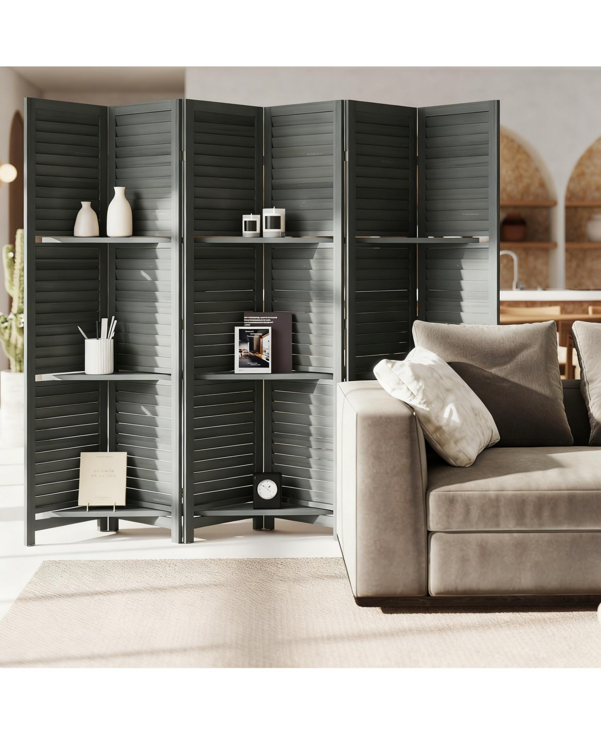 Yigii Wood Room Divider with Shelves and Folding Design