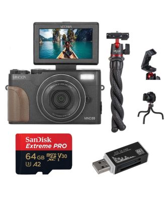 MND35 64MP 4K Ultra HD Wi-Fi Digital Camera, Black, Bundle with 64GB Memory Card, Octopus Tripod, USB 2.0 Card Reader