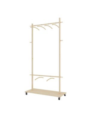 RAINSKEN Solid Wood Garment Rack, Modern Space-Saving Coat Tree, Clothes Drying Rack with 6 Hangers and Bottom Shelf for Entryway, Living Room