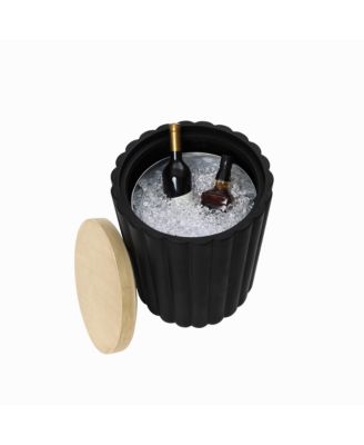 Fluted Round Patio Side Table with Removable Lid & Galvanized Metal Ice Bucket