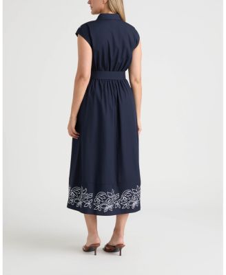 Women's Maxi Belted Dress with Embroidered Detail