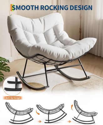 Outdoor Papasan Rocking Chair with Thick Cushion, Rattan Lounge Seat, Comfy Reading Furniture for Adults