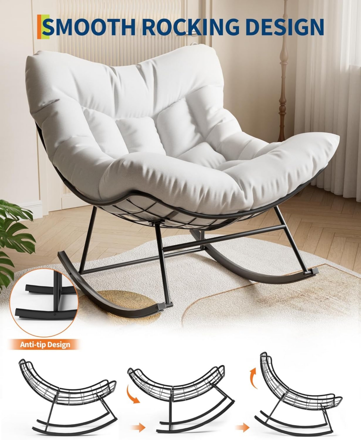 gaomon Outdoor Papasan Rocking Chair with Thick Cushion, Rattan Lounge Seat
