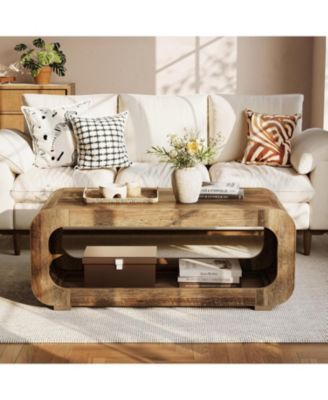 2-Tier Wooden Rectangular offee Table for Living Room,47-Inch Farmhouse Accent Center Table with Open Storage, Low Cocktail Tea Table