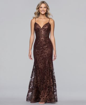 Juniors' V-Neck Glitter Lace-Up Gown