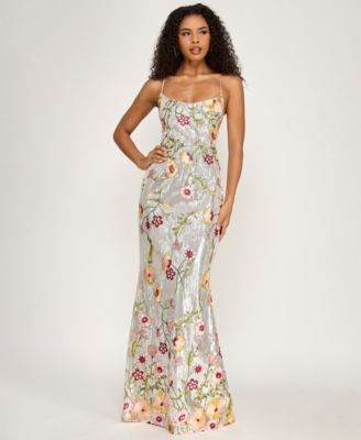 Juniors' V-Neck Floral Embroidered Sequin Maxi Dress