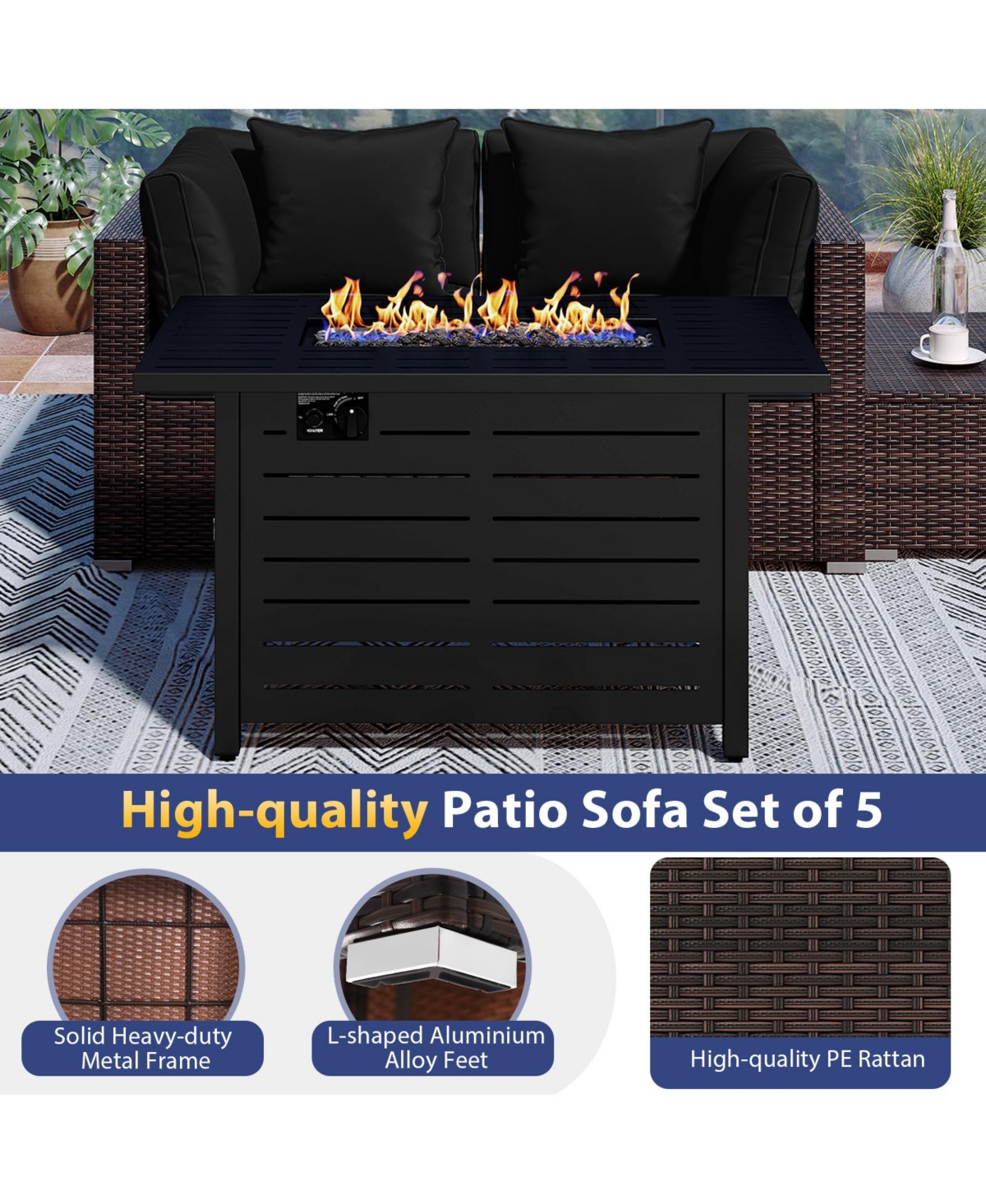 Gymax Set of 5 Patio Furniture Heavy-duty Frame Rattan Sofa w/ 60000 Btu Firepit Table