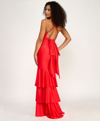 Juniors' V-Neck Tiered Tie-Back Gown