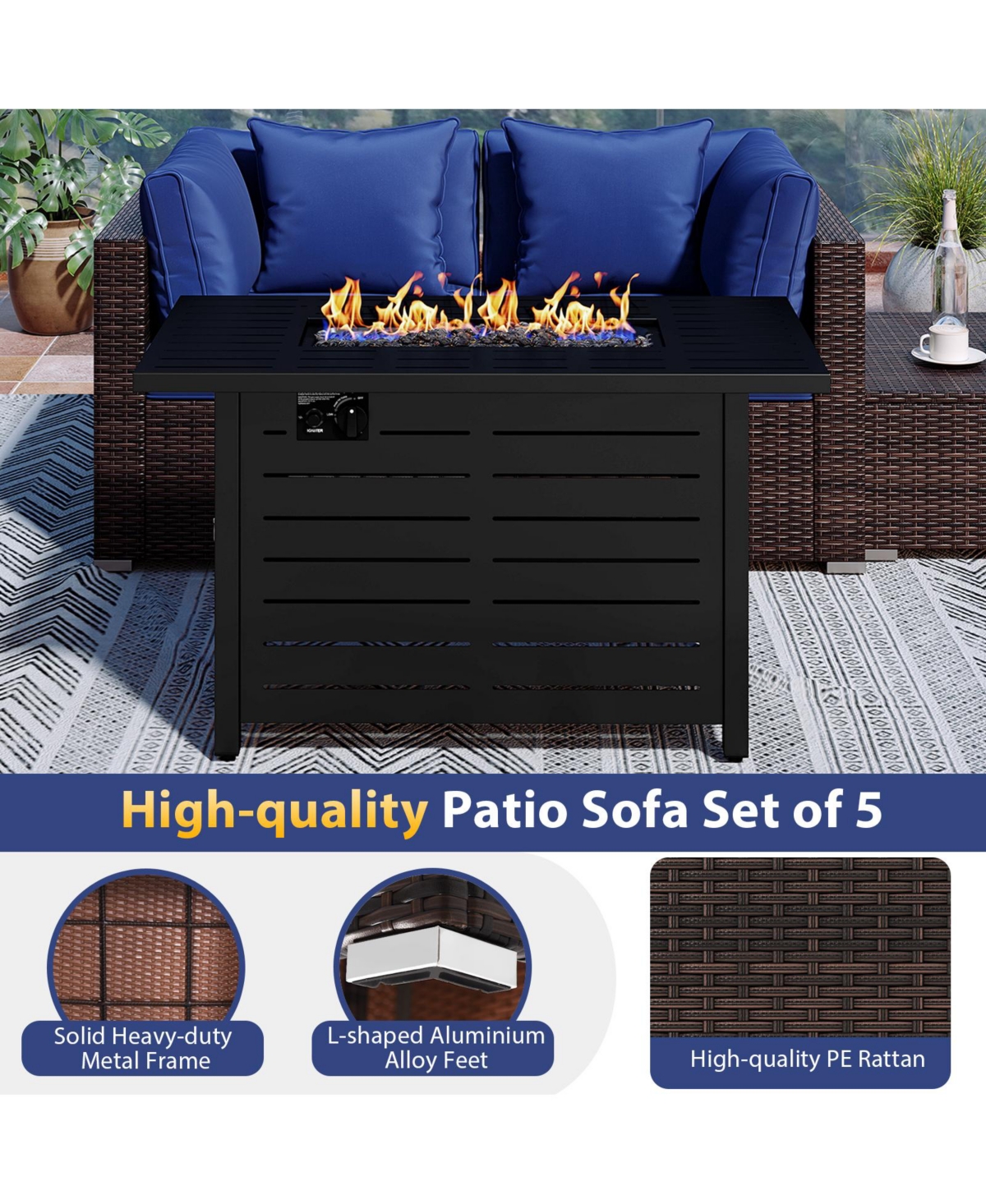 Gymax Set of 5 Patio Furniture Heavy-duty Frame Rattan Sofa w/ 60000 Btu Firepit Table
