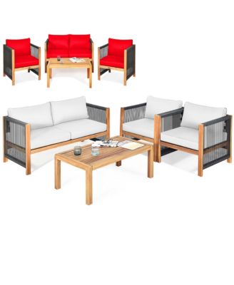 Set Of 4 Wood Outdoor Patio Furniture Set w/Cushions  Cover Sets