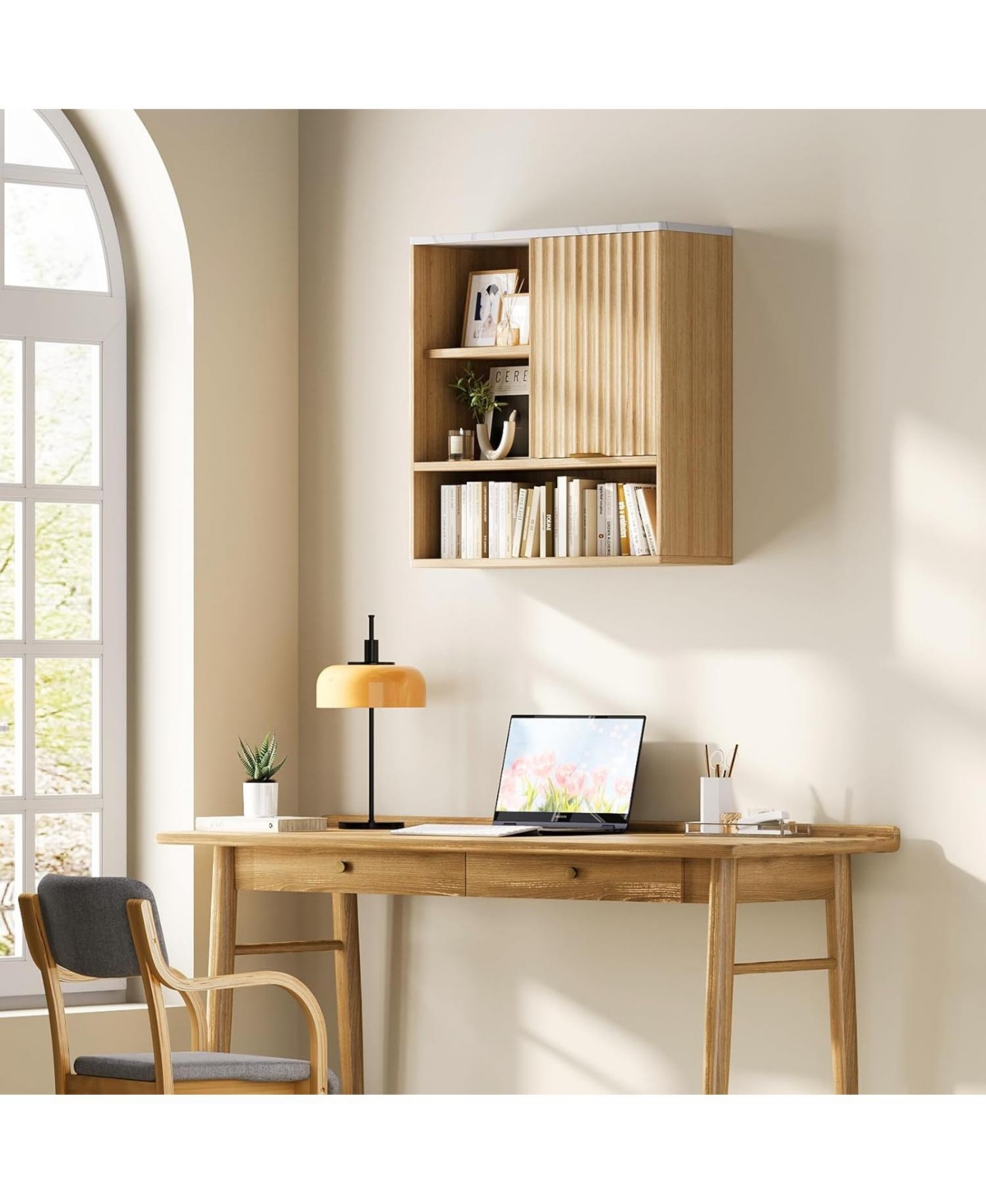 gaomon Fluted Bathroom Wall Cabinet with Sliding Door, Faux Marble Top, Adjustable Shelf & Open Storage, Curved Profile