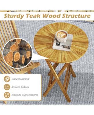 Patio Folding Side Table 23.5'' Teak Wood Round End Table Fully Assembled
