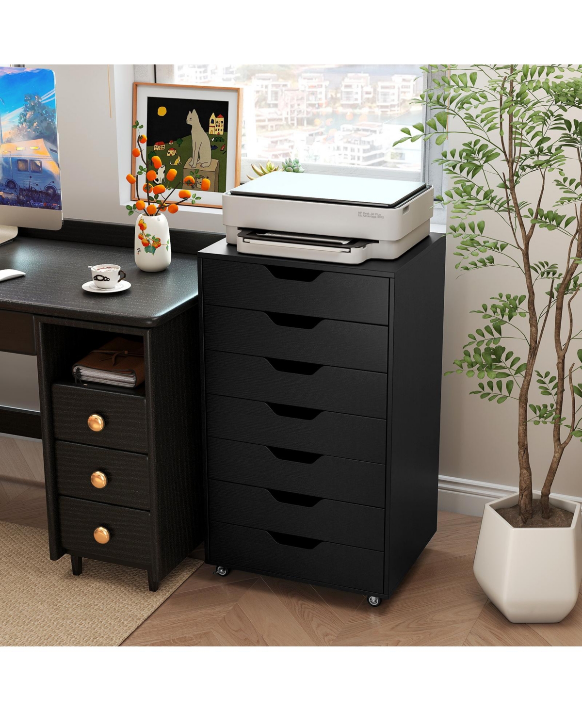 Sugift 7-Drawer Chest Wooden Storage Dresser with Lockable Wheels