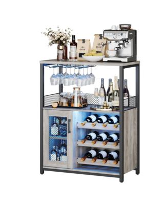 Wine Bar Rack Cabinet, Adjustable Shelves Coffee Bar Cabinet with Mesh Door and Baffle Design