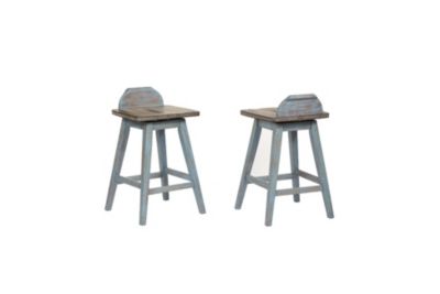 Set of 2 Swivel Counter Stools Distressed Gray & Blue Wash Solid Wood Seats