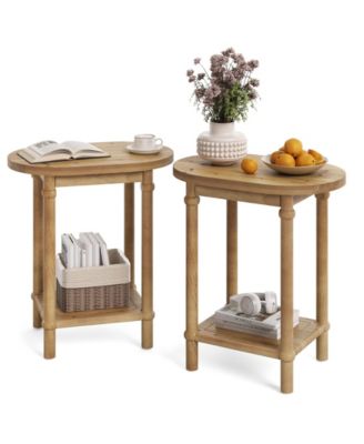 Oval Side Table, Farmhouse End Table with Storage Shelves, Solid Wood Nightstand for Small Spaces, Living Room, Bedroom, Easy Assembly