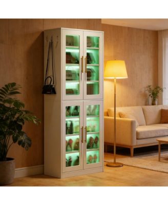 Modern Shoe Cabinet for Entryway, 8-Tier Vertical Shoe Rack with LED Lighting, Doors for Dust Protection and Hooks for Entryway, Living Room