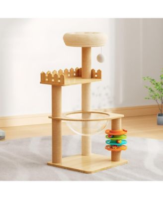 39.3" Modern Wood Cat Tree Tower with Scratching Posts, Perch, Hammock & Toys for All Cats