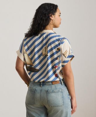 Plus Size Spread Collar Printed Shirt