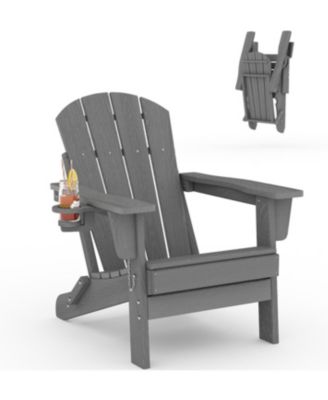 Folding Adirondack Chair, HDPE Outdoor Patio Chair with Cup Holder, All Weather Resistent Wooden Textured for patios, Decks, Gardens, fire Pit