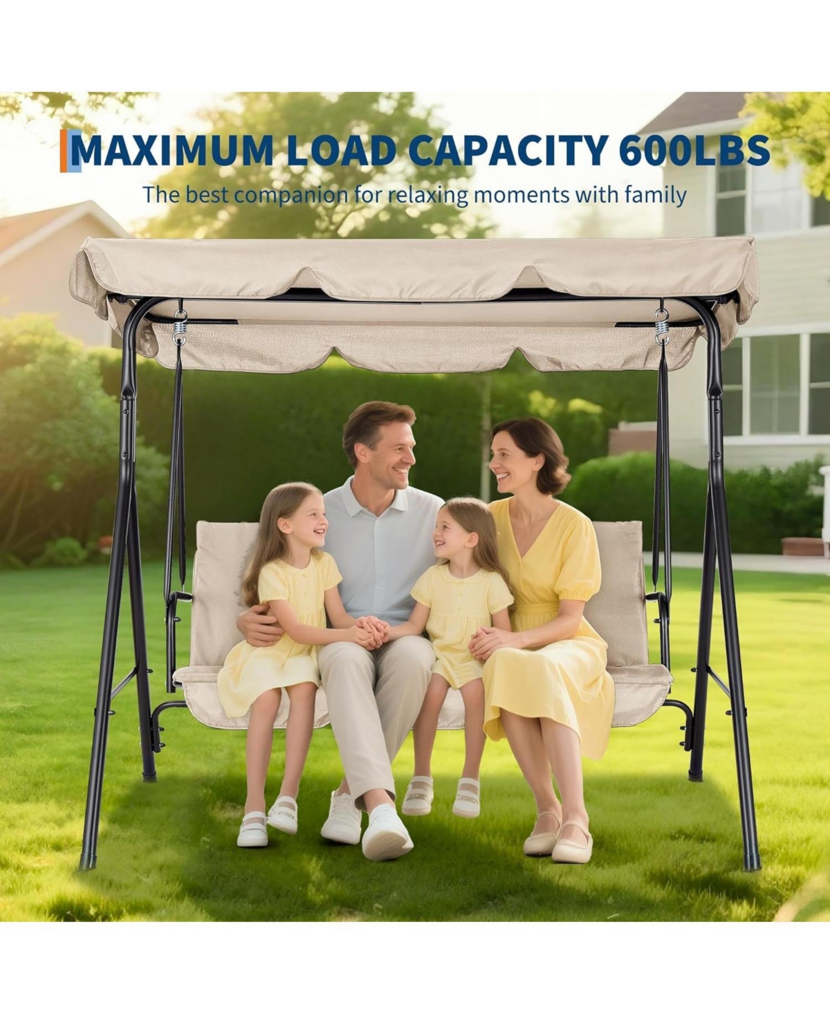 gaomon 3-Seat Patio Swing Chair with Adjustable Canopy and Thick Waterproof Cushions, Outdoor Steel Frame Porch Swing for Garden, Lawn, Backyard