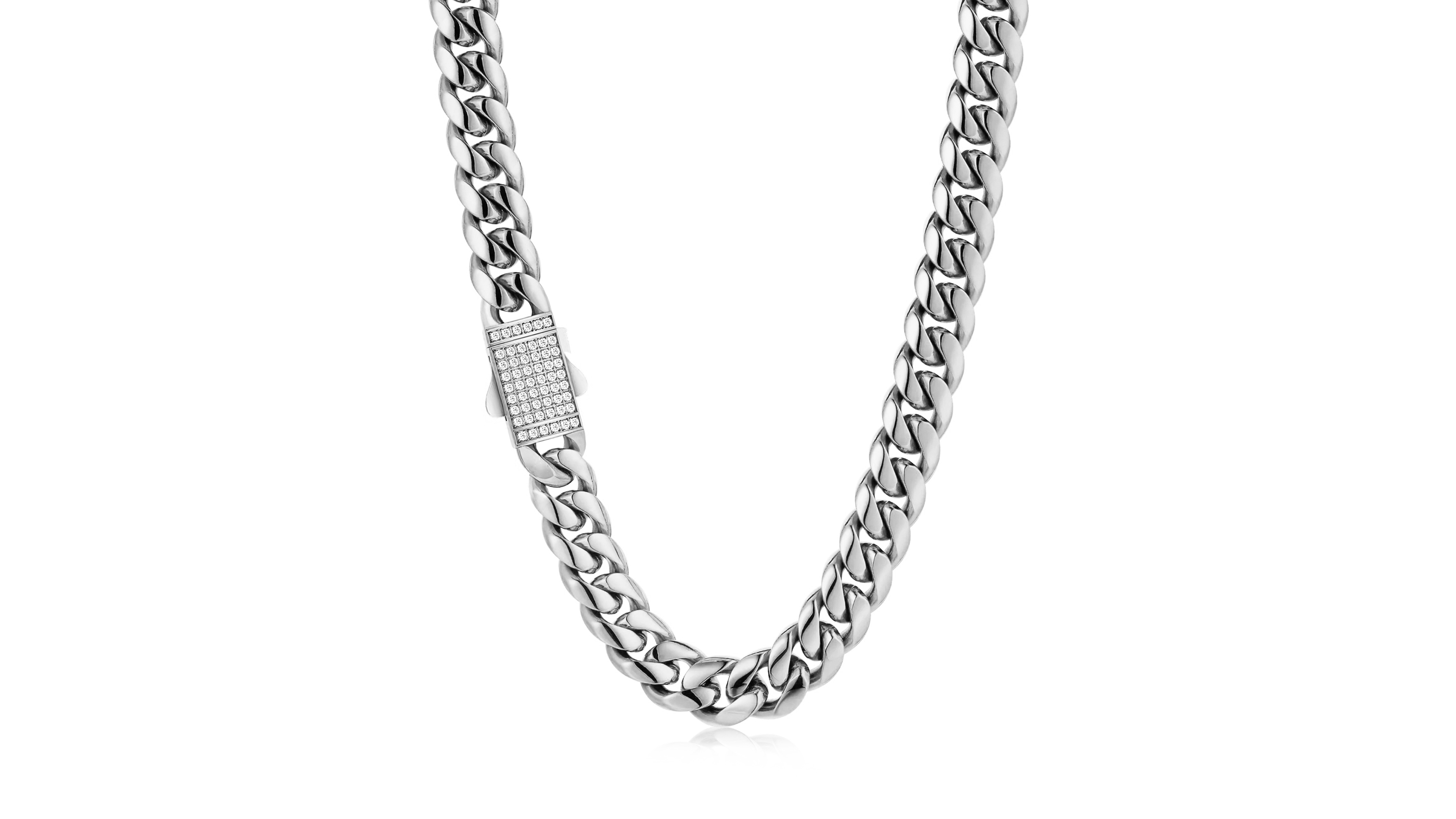 Rhona Sutton Men's Cuban Iced Stainless Steel Chain Necklace