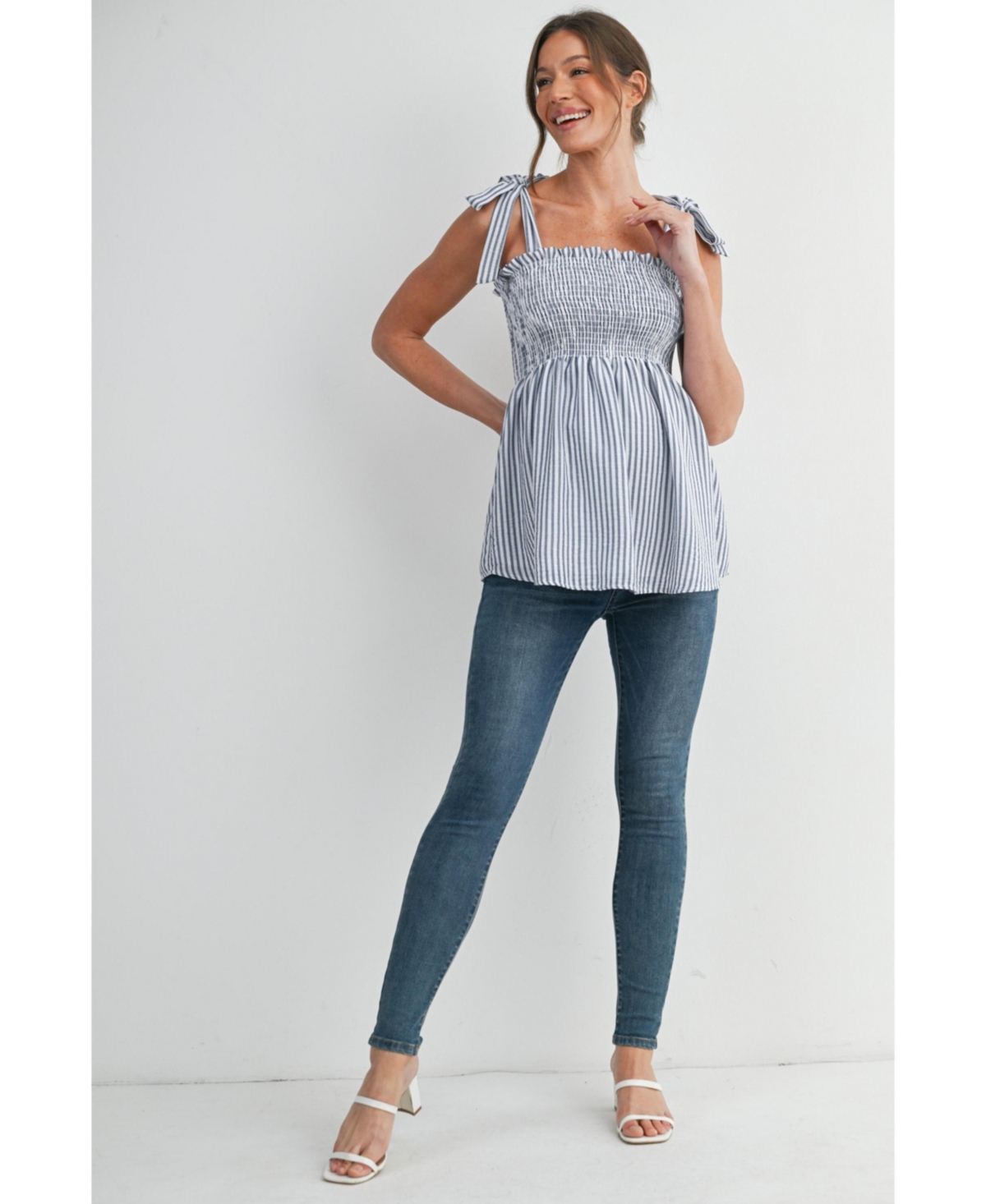 Hello Miz Maternity Striped Smocked Square Neck Tie Strap Top