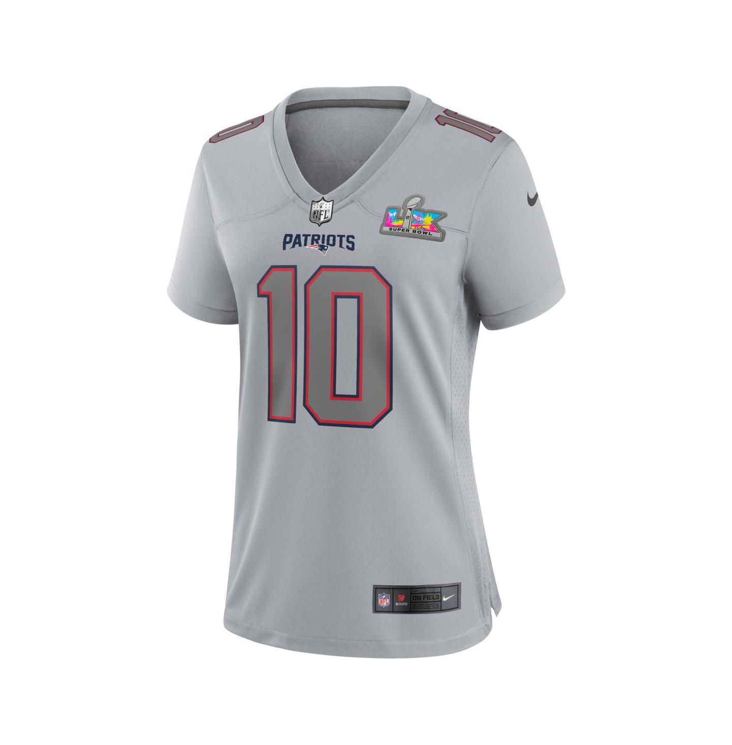 Женский топ Nike Drake Maye Silver New England Patriots Super Bowl LX Patch Atmosphere Fashion Game Jersey — фото 2