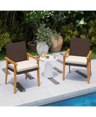 Patio Dining Chair 4 PCS w/Cushion Wood Armrests Metal Frame for Garden