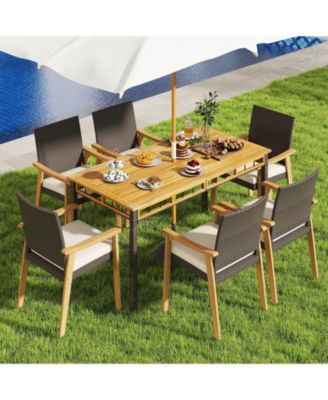 Patio Dining Chair 4 PCS w/Cushion Wood Armrests Metal Frame for Garden