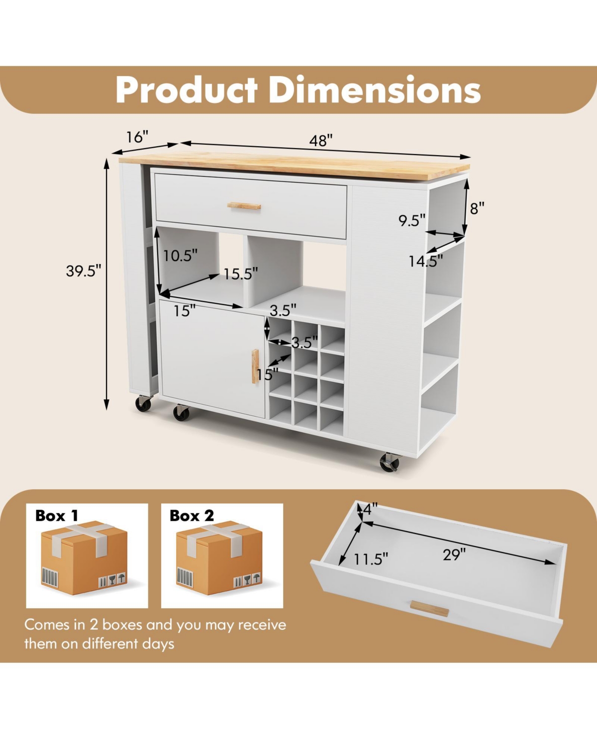 Volenca Reversible Folding Kitchen Island Cart with Wine Rack, Spice Rack, Rolling Wheels