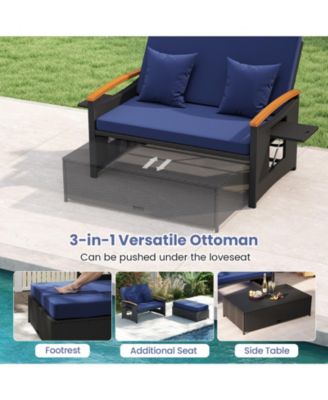Patio Rattan Daybed Set w/Cushioned Loveseat & Storage Ottoman for Porch Outdoor