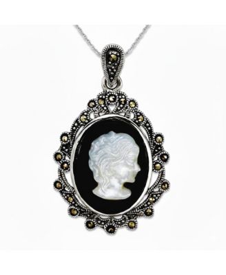 925 Sterling Silver Marcasite, Agate and Simulated Mother of Pearl Cameo Pendant Necklace