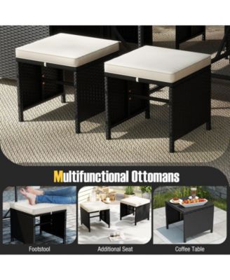 Set Of 9 Patio Dining Set w/Tempered Glass Table & Ottoman Removable Cushions