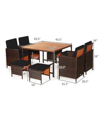 Set Of 9 Patio Rattan Dining Set Cushioned Chairs Ottoman Wood Table Top