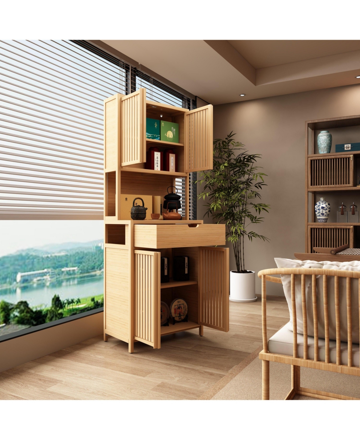 Boyel Living 72-Inch Tall Double-Door Bamboo High-Capacity Storage Cabinet