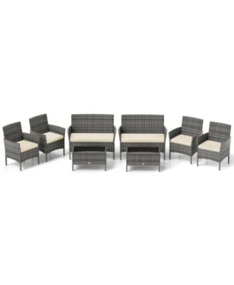 Set Of 8 Patio Furniture Set w/Washable Cushions & Tempered Glass Coffee Table